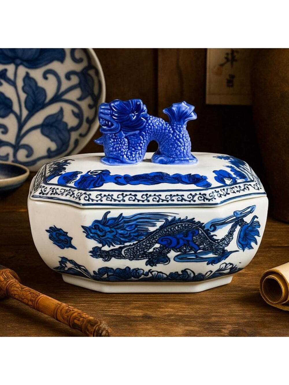 Blue & White Ceramic Porcelain Jar with Dragon Button Lid - Decorative Storage